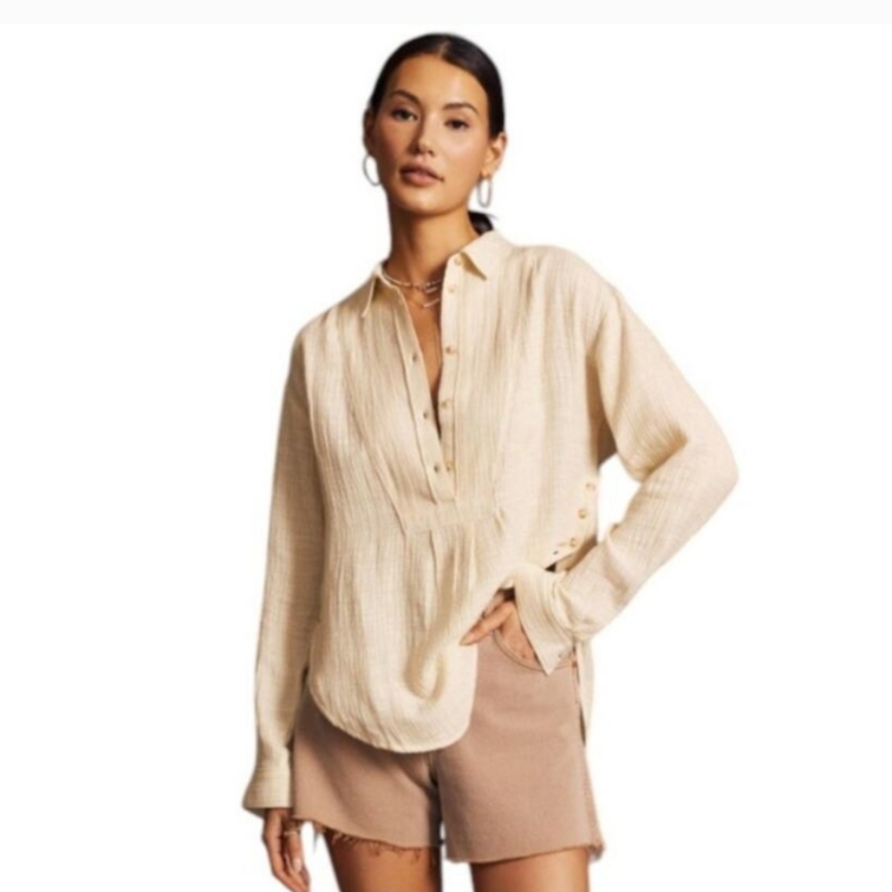 Anthropologie Gauze Shirt Beige Side Button